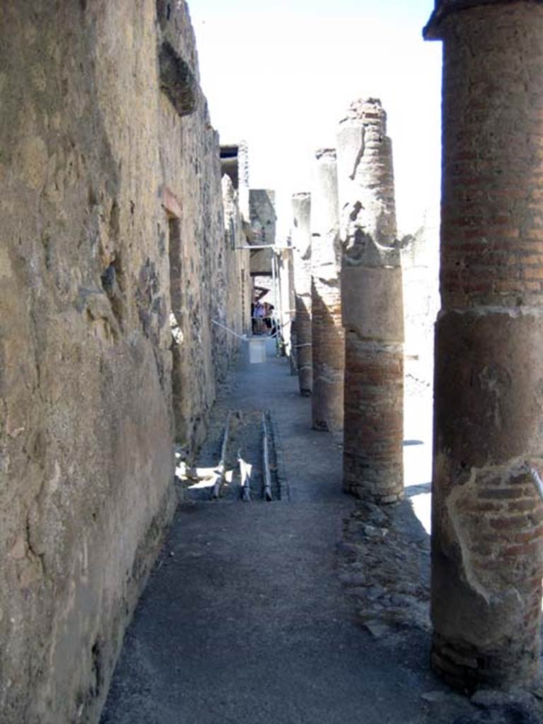 V, Herculaneum, June 2011. Doorway at V.9, on the left. 
Looking south along Cardo IV Superiore, from junction with Decumanus Maximus. 
Photo courtesy of Sera Baker.